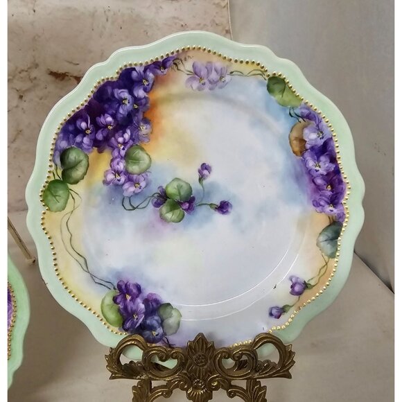 3 PC Royal Austria 8" Dessert Plates Gold Trim Purple Orange Floral Handpainted - Picture 3 of 7
